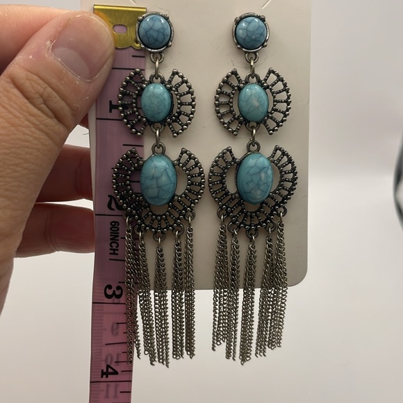 Silver Toned Metal with Plastic Faux Turquoise Cabochon Dangle Earrings (F12) - Picture 4 of 6